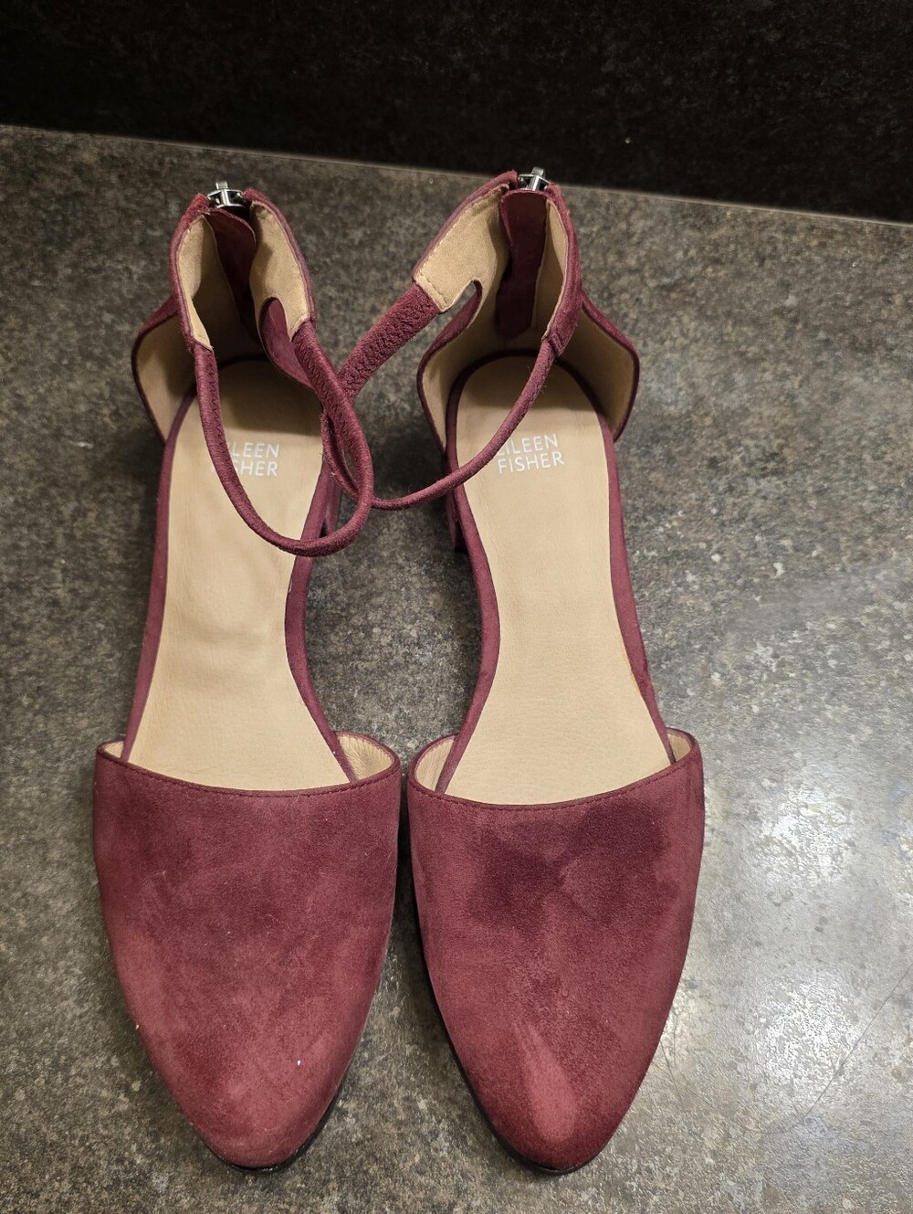 Eileen Fisher Hutton Cerise Suede Ankle Strap Flat Pumps Woman's Size 8.5